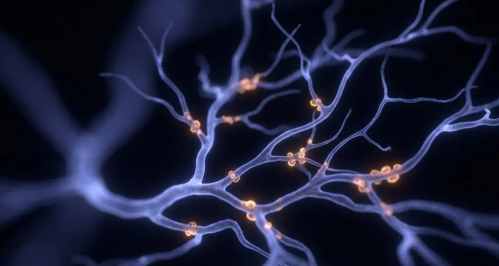 Bioluminescent mycelial network glowing blue-violet in darkness, branching filaments resembling neural pathways
