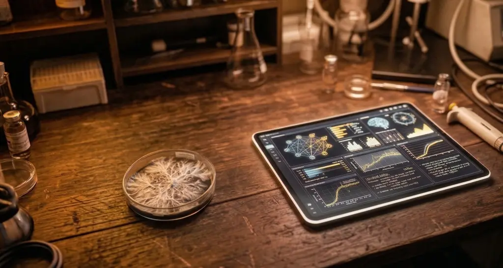 Mycology research workspace with mycelium culture in petri dish alongside tablet displaying data visualizations and network analysis