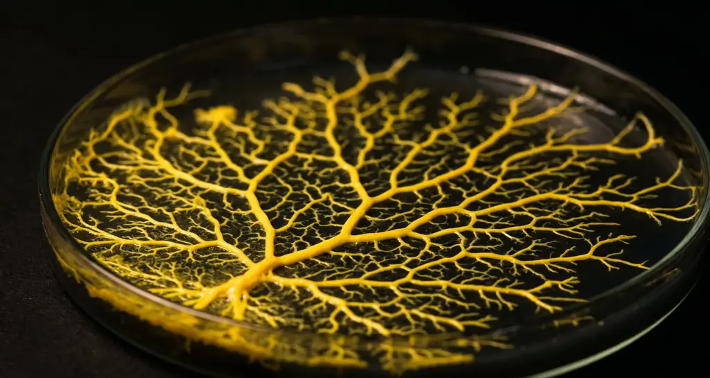 Physarum polycephalum slime mold in a petri dish, its bright yellow branching network resembling a living map